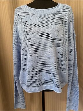 BCX Pastel Blue Floral Open-Knit Scoop Neck Sweater